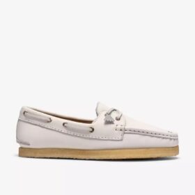 Scarpe da barca da donna Godney Boat in pelle martellata bianca